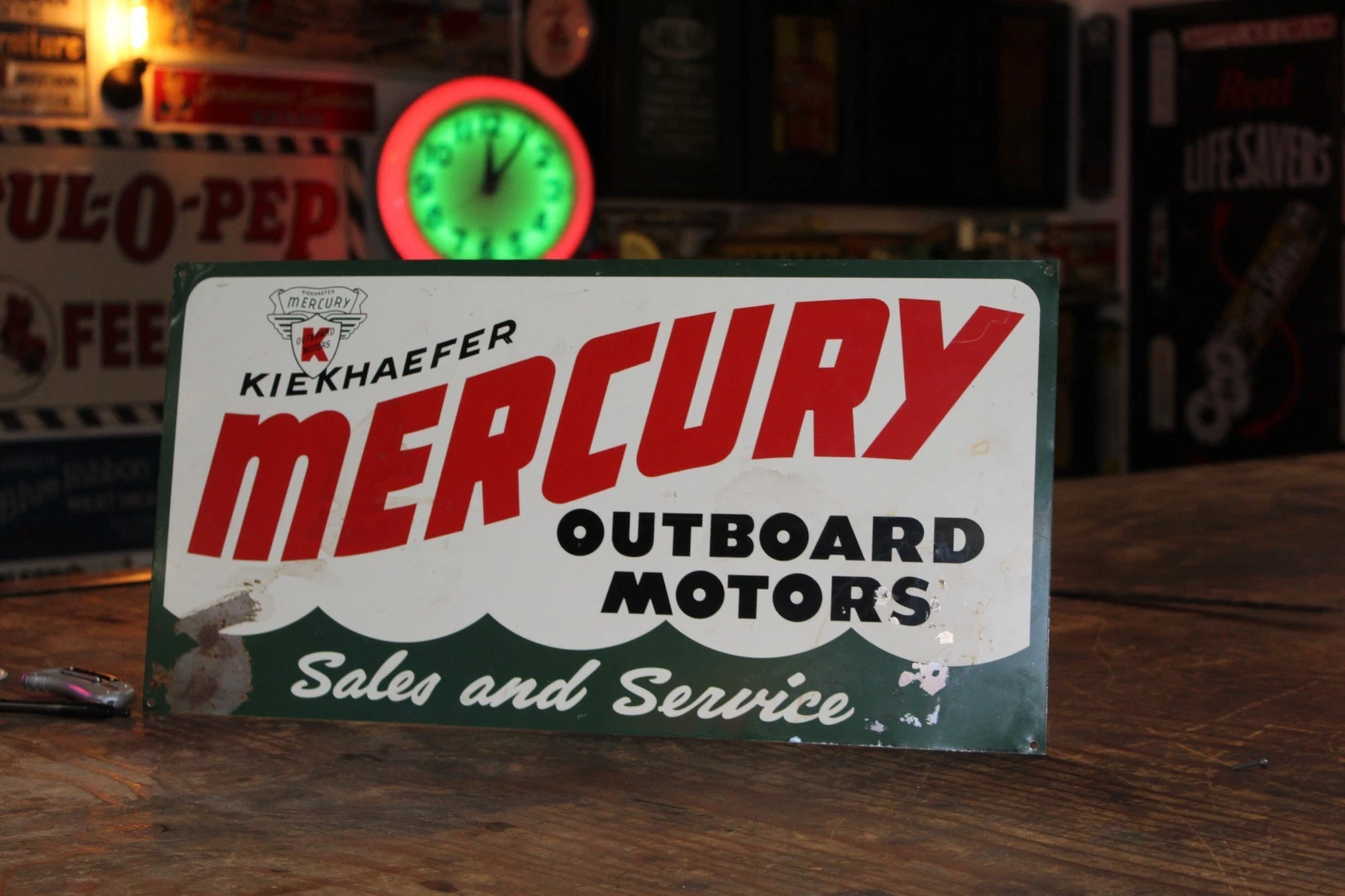 SCARCE 1950s MERCURY KIEKAEFER BOAT MOTOR DEALER PAINTED METAL SIGN MARINE FISH